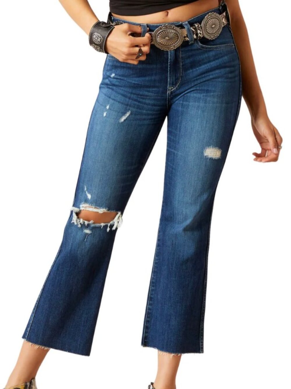 Ariat Womens High Rise Caroly Flare Crop Jean Distressed Medium Wash 31R‎